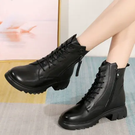 皮靴矮女2023新款系鞋带马丁靴女真皮大码女短靴40一43平底棉靴女商品大图