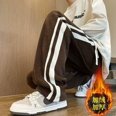 运动裤子男士秋冬季美式潮流百搭直筒学生卫裤侧边条纹阔腿男长裤商品大图