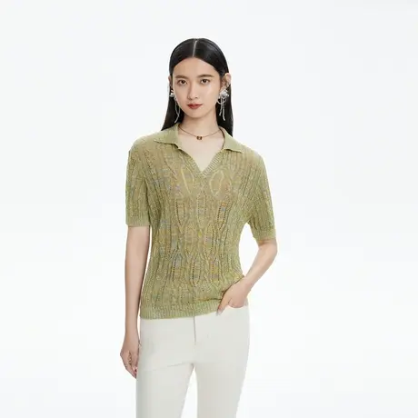 朗姿/LANCY女装短袖针织衬衫领女夏季新款收腰T恤女商场同款商品大图