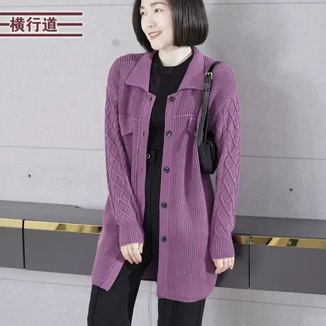 2023冬季新款简约纯色翻领中长款长袖毛衣外套女大码上衣服妈妈装商品大图