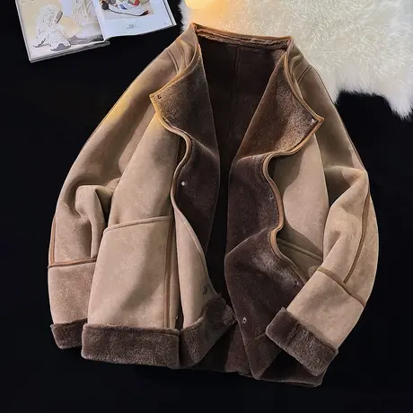 复古麂皮绒羊羔毛外套男夹克加绒加厚冬季皮毛一体大码机车皮衣潮图片