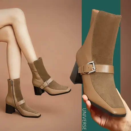 2023秋冬新品方头欧美粗跟搭扣真皮百搭拼接高跟时尚百搭女士短靴图片