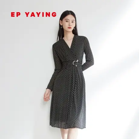 EP雅莹女装 V领收腰中长款气质显瘦波点连衣裙 秋冬商场同款4623B图片