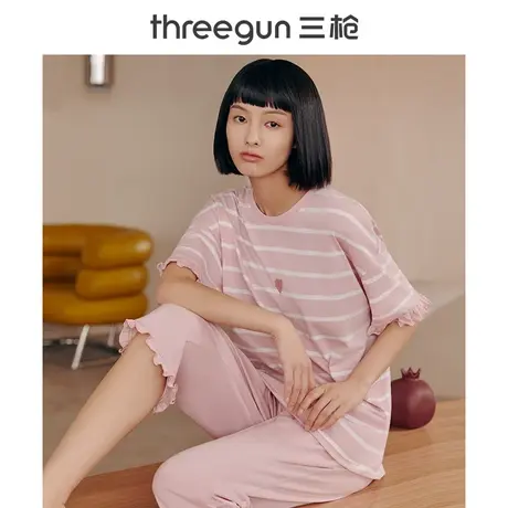 三枪条纹荷叶边睡衣女纯棉中袖中裤夏季全棉薄款女士家居服套装图片
