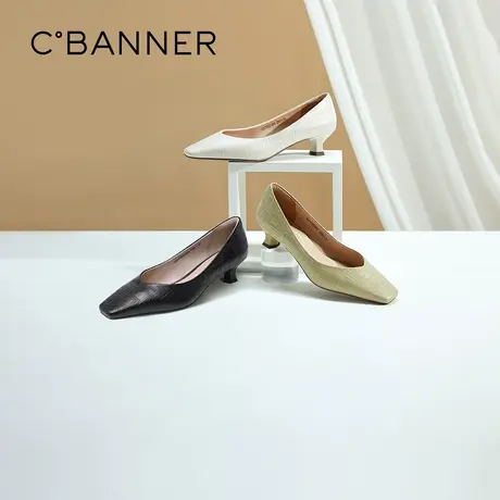 千百度女鞋新款单鞋优雅方头中跟舒适一脚蹬休闲鞋通勤鞋羊皮图片