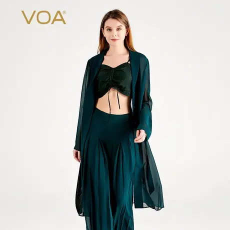 VOA桑蚕丝乔其纱暗绿色V领长袖活页三粒扣绑带真丝外套风衣商品大图