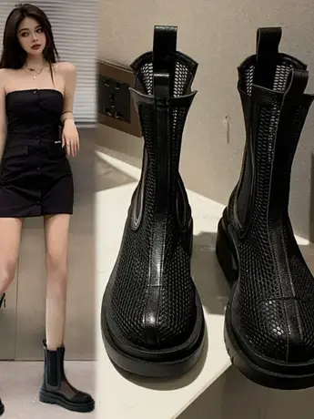 潮牌夏季镂空网纱中筒凉靴女2023年新款小众透气烟筒厚底马丁短靴商品大图