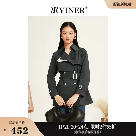 YINER音儿奥莱女装秋季系带单排扣小个子风衣外套商品大图