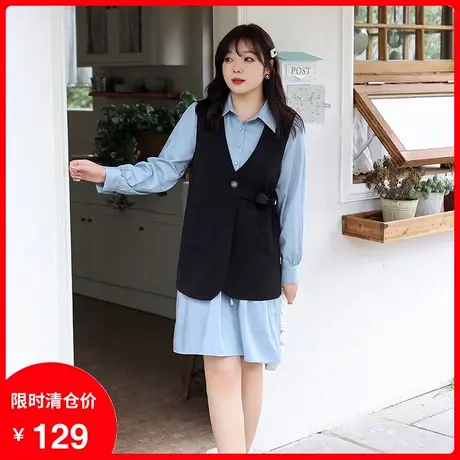 大码女装两件套连衣裙2024年秋装新款收腰系带黑色马甲直筒衬衫裙图片