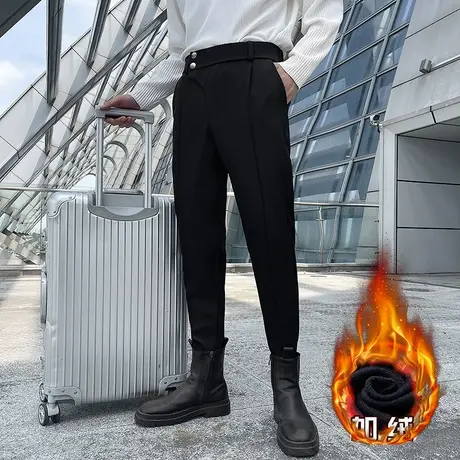 冬季纯色加绒加厚小西裤保暖英伦小脚裤潮牌百搭ins痞帅男休闲裤商品大图