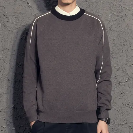 奕飏日系文艺拼色毛衣男 2019新款韩版宽松线衣 男生圆领针织衫潮图片