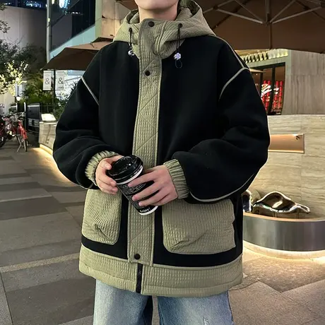 羽绒棉服男冬季加厚工装棉衣外套休闲宽松撞色连帽潮流派克棉袄子图片