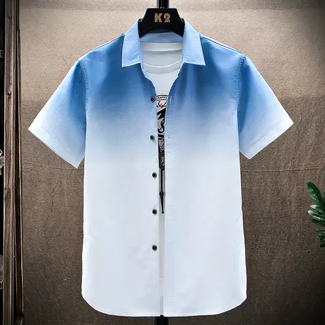 夏季潮流衣服渐变衬衫男短袖初中高中学生韩版修身衬衣青少年帅气商品大图