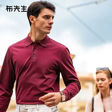 MrBu布先生双条纹翻领长袖t恤春秋款100%棉商务上衣BT12281断码图片