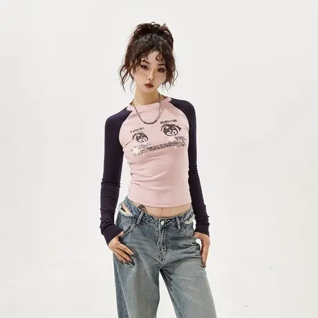 YEP美式辣妹风紧身短款长袖t恤女2024年新款春秋插肩袖内搭打底衫图片