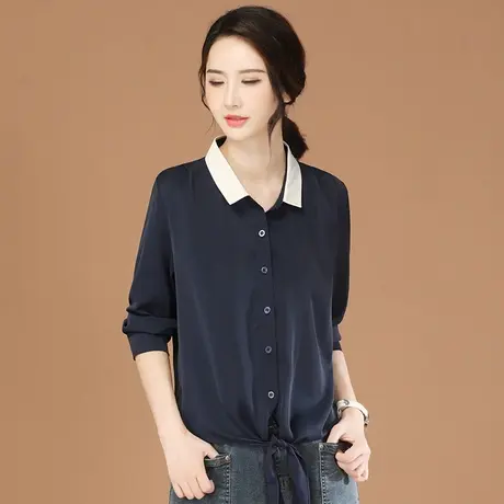 韩潮袭人法式撞色绑带衬衫女士2024春新款长袖上衣设计感雪纺衬衣图片