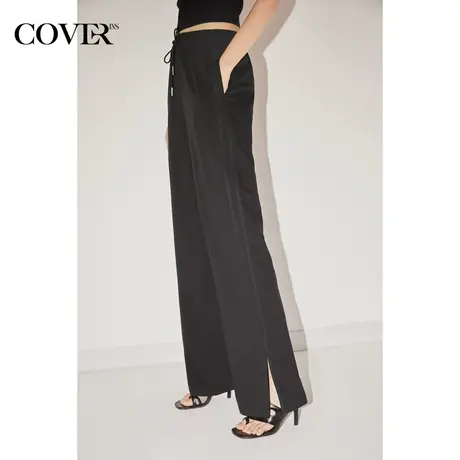 COVER秋季抽绳高腰宽松开叉休闲裤图片
