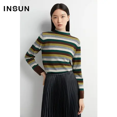 INSUN恩裳线上专选冬季100%绵羊毛条纹百搭毛针织衫商品大图