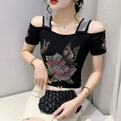 一字领吊带上衣女夏季欧货性感露肩T恤短袖洋气网纱小衫烫钻丅恤商品大图