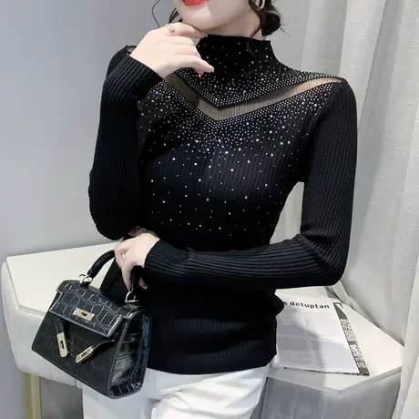 性感镂空针织上衣女长袖气质网纱拼接毛衣洋气百搭半高领打底衫冬图片