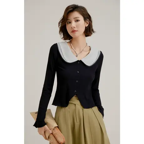 弥古黑色小香风早春针织衫女长袖法式娃娃领修身不规则上衣高级感商品大图