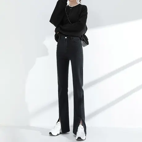 加绒开叉牛仔裤女直筒宽松显瘦秋冬高腰黑色加长拖地微喇阔腿裤子商品大图