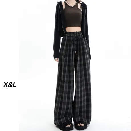 灰色格子裤休闲裤高腰直筒裤女秋冬慵懒风美拉德垂感阔腿拖地裤子图片