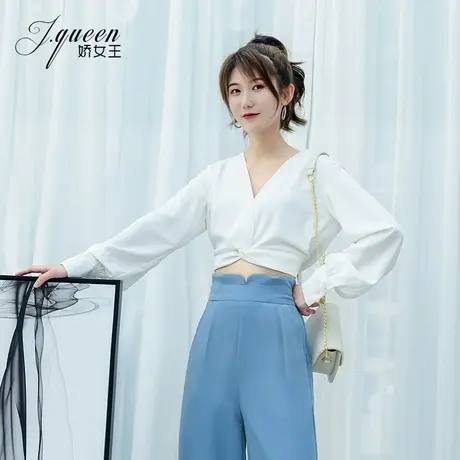 V领长袖衬衫女上衣秋季时尚别致小众设计感气质短款白色露腰衬衣商品大图