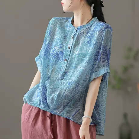 dza 文艺复古苎麻短袖衬衣女士夏季薄款宽松气质衬衣漂亮棉麻上衣商品大图