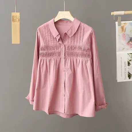 小翻领纯色衬衫女长袖纯棉上衣2024新款秋季粉色衬衣女打底衫上衣商品大图
