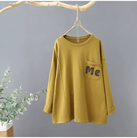 秋装新品文艺范长袖圆领卫衣女宽松百搭套头贴布打底衫上衣服女装图片