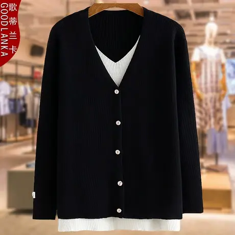 40岁中年女士假两件针织衫春秋新款加肥加大码女装妈妈毛衣打底衫图片