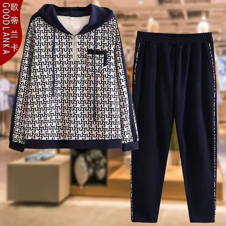 加肥加大码妈妈春秋连帽休闲套装洋气中年人秋装外套运动服两件套商品大图