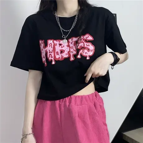 2024新款夏季ins原宿港风黑色个性小众设计感上衣宽松短款T恤女潮图片