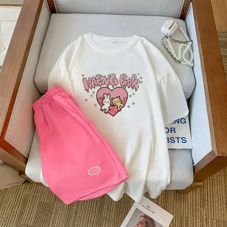 纯棉大码运动服套装女夏季宽松短袖短裤小个子时尚洋气休闲两件套图片