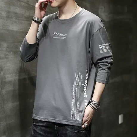 男生秋季纯棉灰色T恤春秋款男款男士痞帅印花长袖上衣服秋天体恤图片