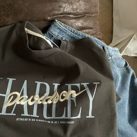 ins超火经典复活美式复古欧美bm烟灰色字母刺绣短袖T恤 女上衣图片