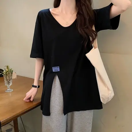 韩版开叉T恤女2021夏季中长款纯色短袖百搭宽松休闲学院风上衣ins商品大图
