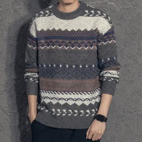 2020冬季新款民族风圆领毛衣男士宽松加厚慵懒韩版潮流打底针织衫商品大图