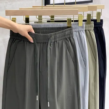 裤子男夏季薄款直筒宽松冰丝男裤子男款韩版潮流休闲裤男士九分裤商品大图