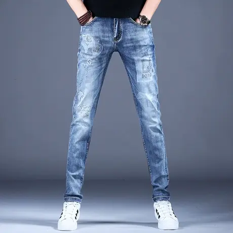 男士新款春季牛仔裤子时尚修身烫钻印花美式欧版小脚裤2023男潮牌商品大图