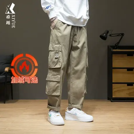 希越直筒休闲裤男士宽松大码潮牌多口袋纯棉工装裤秋冬加绒长裤子商品大图