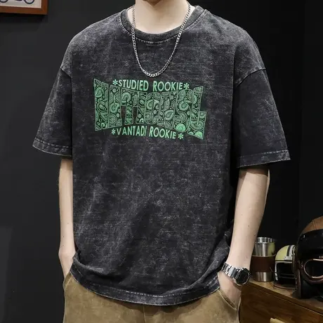 重磅云染短袖t恤男士宽松大码潮牌夏季2024新款男款复古男装体恤图片