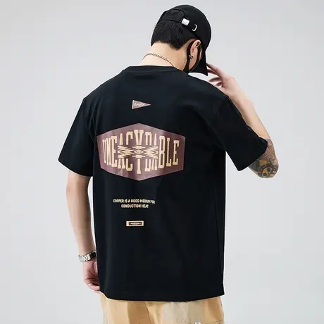 夏季全棉t背后印花字母圆领短袖t恤男士夏天半袖体恤衫男款上衣服商品大图