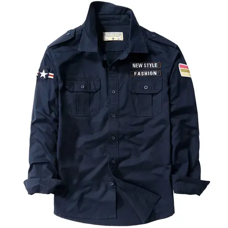 VIP飞行潮牌纯棉长袖衬衫男士春秋刺绣徽章复古衬衣大码工装寸衫商品大图