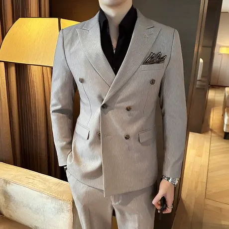 意式暗纹戗驳领西服男套装双排扣主持人修身西装新郎结婚宴会礼服商品大图