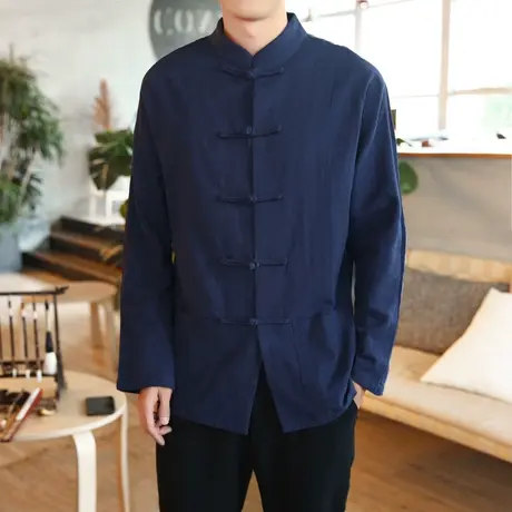 秋季传统棉麻长袖白色衬衫中式布扣唐装茶服亚麻复古男青年居士服商品大图