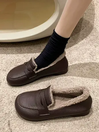 平底一脚蹬毛毛豆豆鞋女秋冬季外穿2023新款加绒棉鞋百搭乐福单鞋商品大图