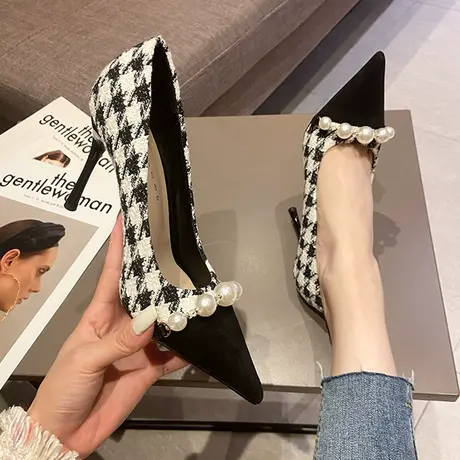 千鸟格高跟鞋新款法式设计感小众鞋子名媛黑色单鞋小香风气质女鞋商品大图