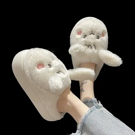 高跟可爱卡通兔子棉拖鞋女冬季新款室内家居毛绒保暖厚底防滑拖鞋商品大图